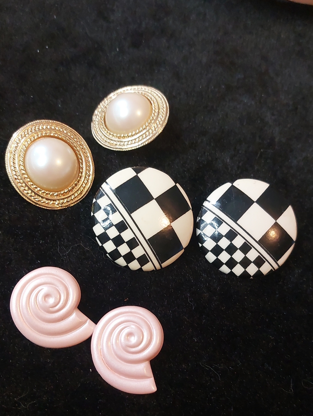 Vintage 80s 90s Statement Earring Lot 3 Pr Checkerboard Faux Pearl Shell